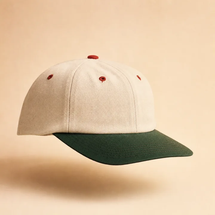 Off-white cotton twill cap on a cream studio background