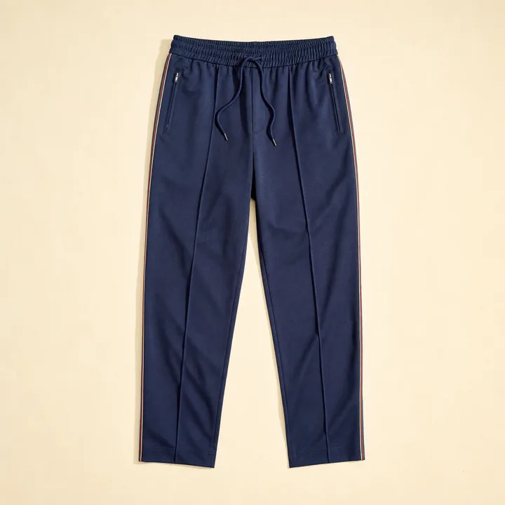 Navy tailored performance track trousers on a cream studio background