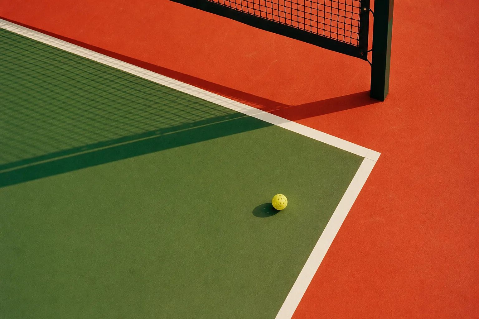 Overhead view of an empty pickleball court — racing green surface, terracotta surround, cream lines, one chartreuse ball by the kitchen line