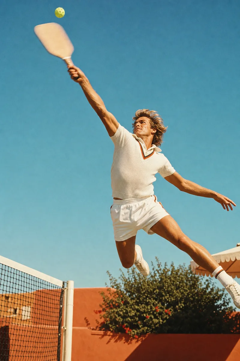Athlete in vintage whites leaping mid-air to strike a pickleball against a clear summer sky