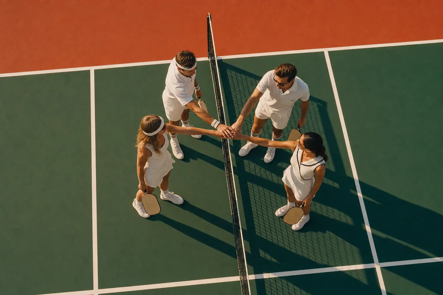 Aerial view of a racing-green pickleball court where four players in vintage whites stack hands over the net after a doubles match