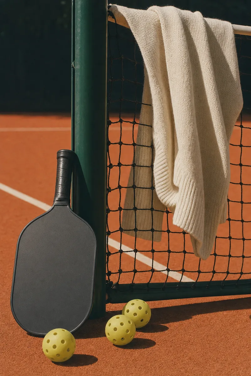 Matte black paddle leaning on a green net post beside chartreuse pickleballs on terracotta clay