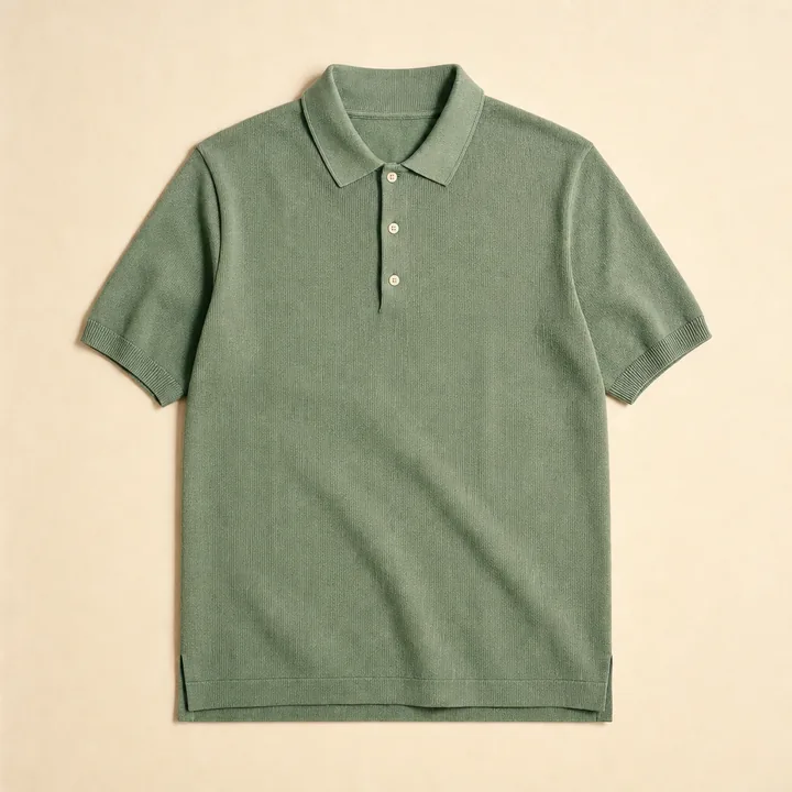 Sage green knit performance polo shirt on a cream studio background